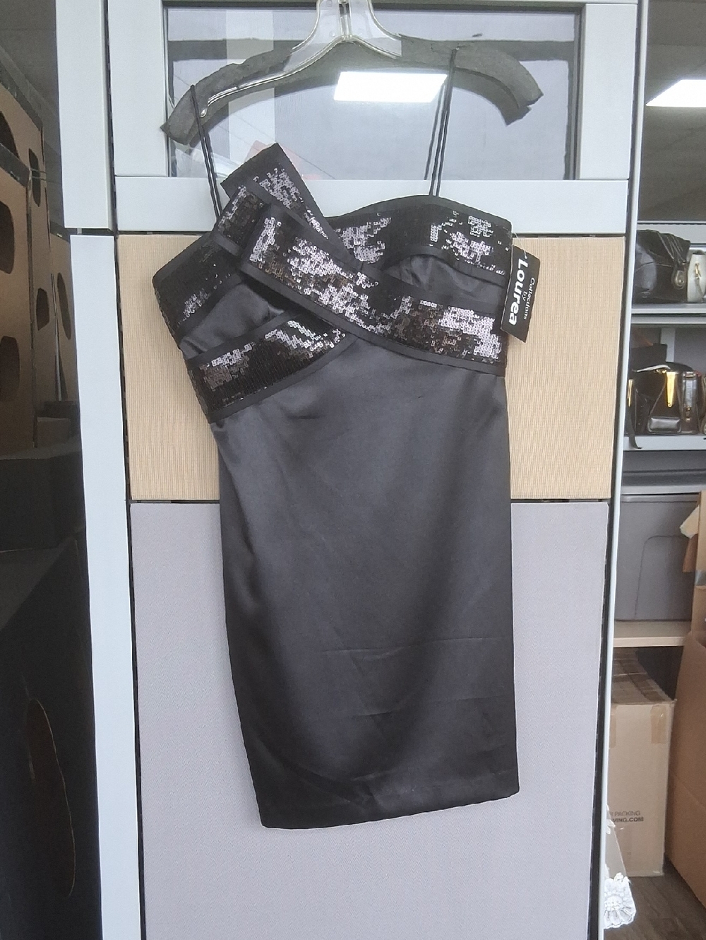 Strapless Black Sequin Satin Dress